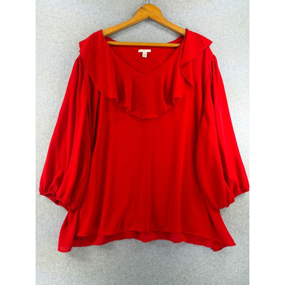 Cato Red Ruffle Blouse Plus Size 26/28W V Neck 3/4 Sleeve High Low 3528